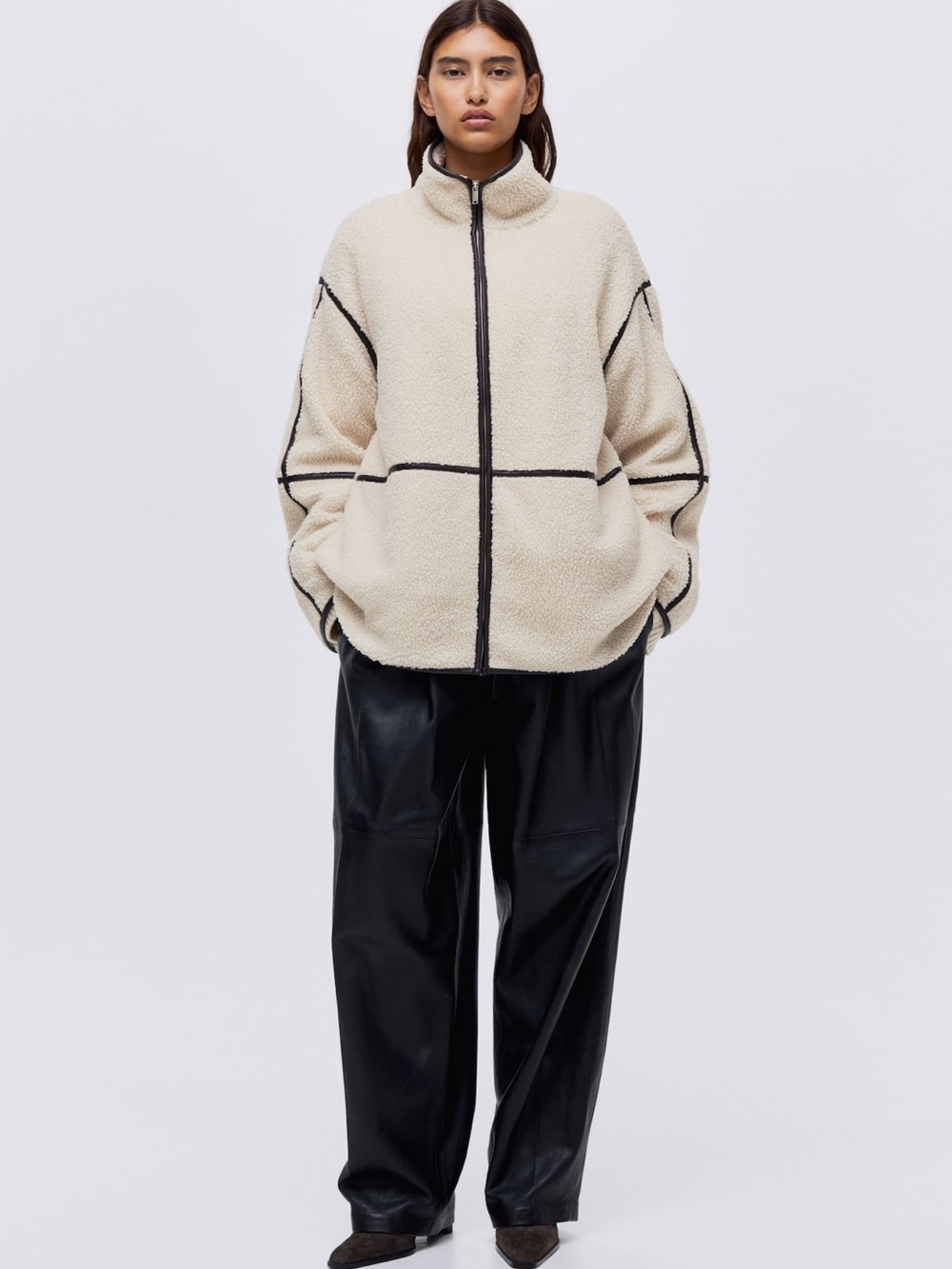 H&M Cream Sherpa Zip Jacket with Black Contrast Trim